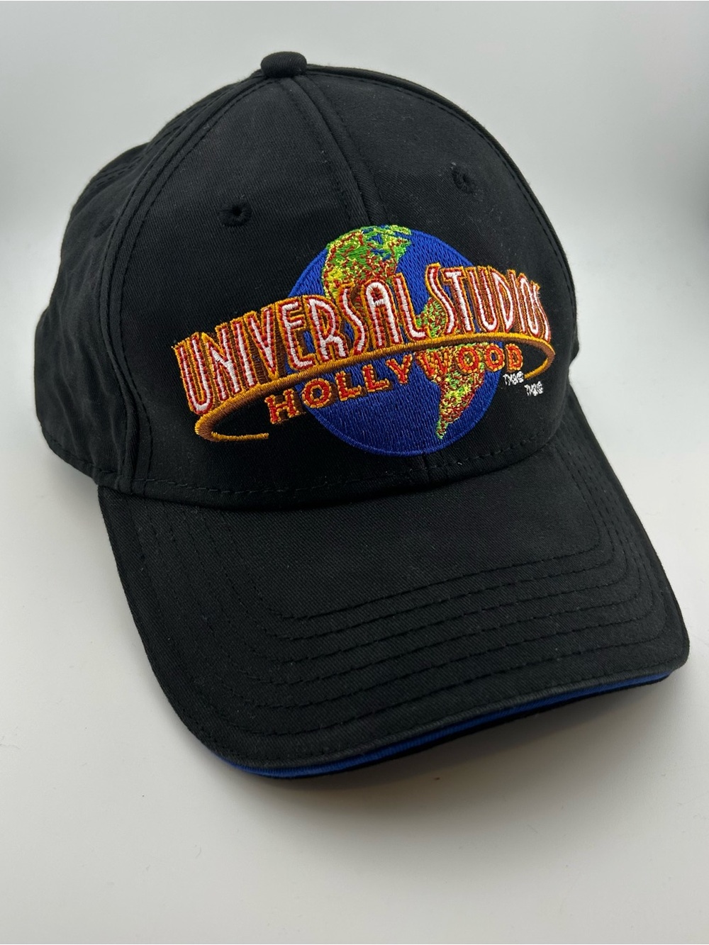 Vintage 90s Universal Studios Hollywood Globe Logo Black Adjustable Hat Cap